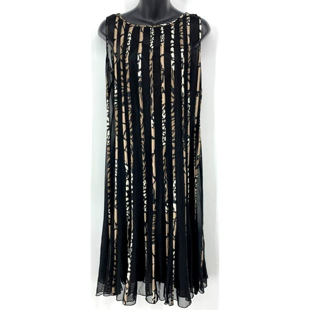 Sandra Darren Women Dress Size 10 Black Brown Stripe Sleeveless Lined Mesh Sheer